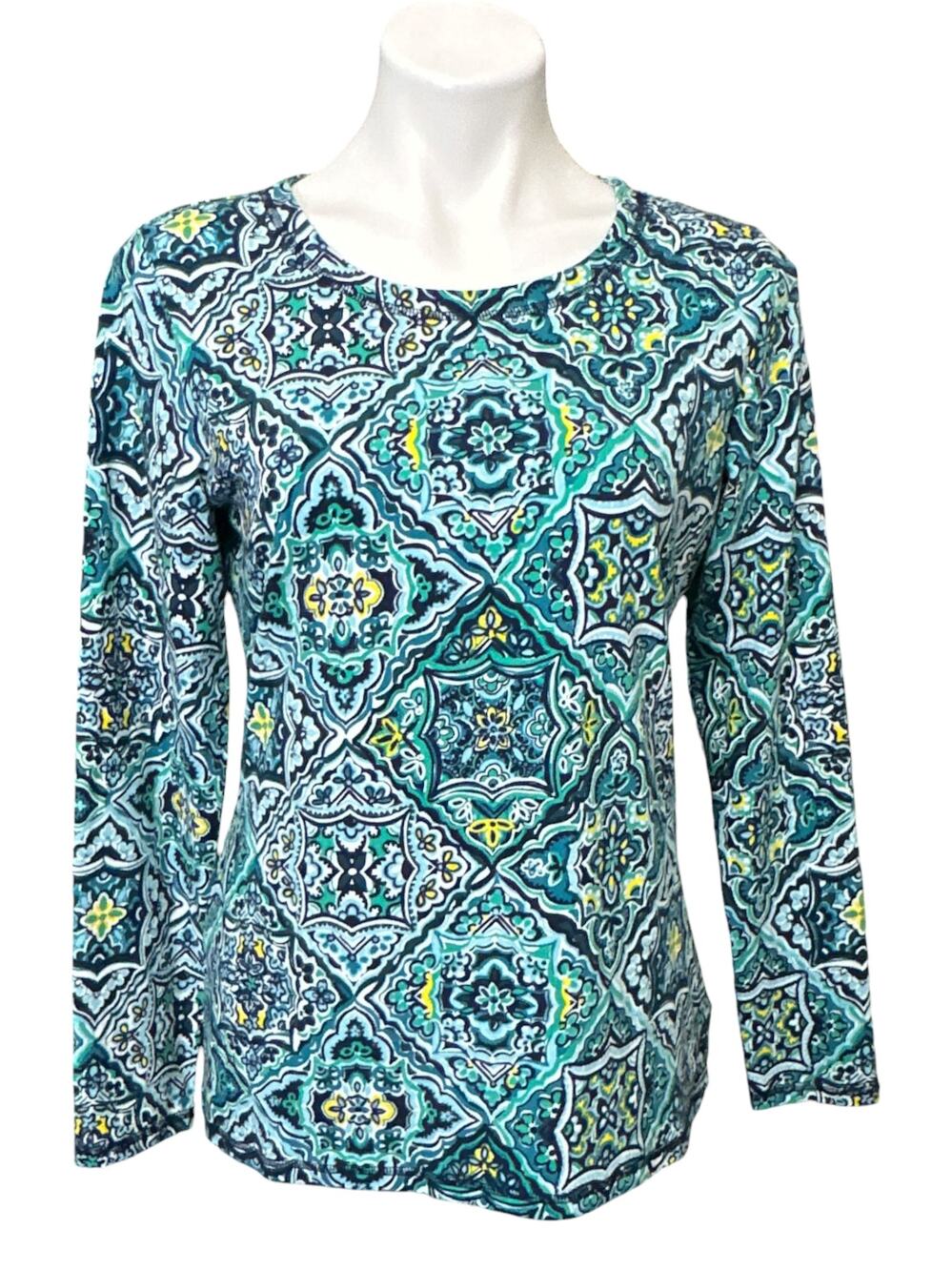 T by Talbots Womens Top Size M Teal Tile Medallion Print Long Sleeve Crewneck